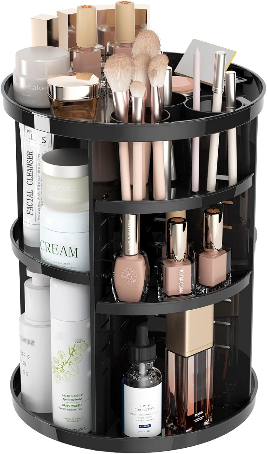 Rotating Makeup Organizer. DIY 8 Adjustable Layers Spinning Skincare Organizer. Cosmetic Display Case with Brush Holder Perfume Tray. Multi-Function Storage Carousel for Vanity Bathroom Countertop