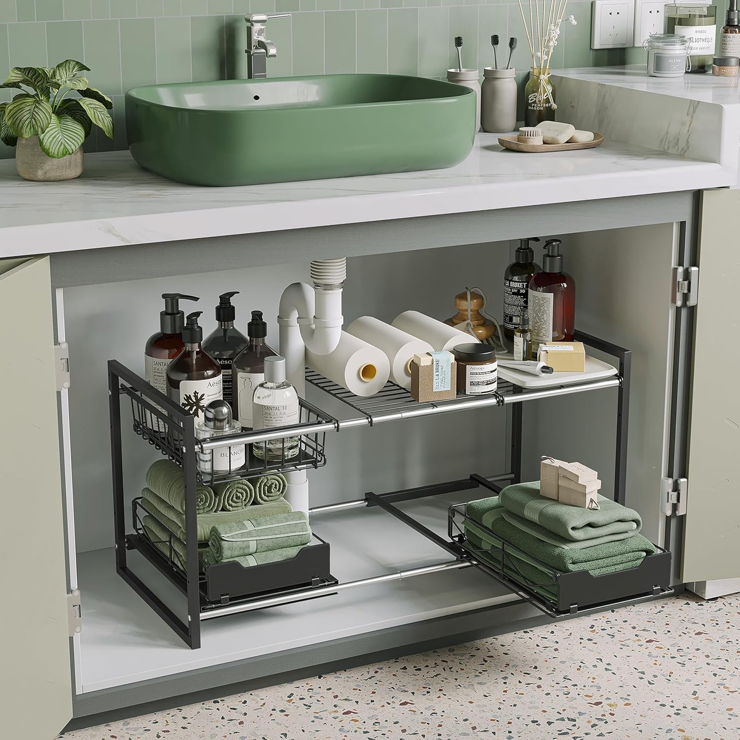 NETEL Under Sink Organizers and Storage. 2 Tier Expandable Under Cabinet Organizer Shelf with 2 Baskets and 6 Panels. Expandable Shelf for Cupboard. Kitchen. Bathroom. Shoe Storage Rack