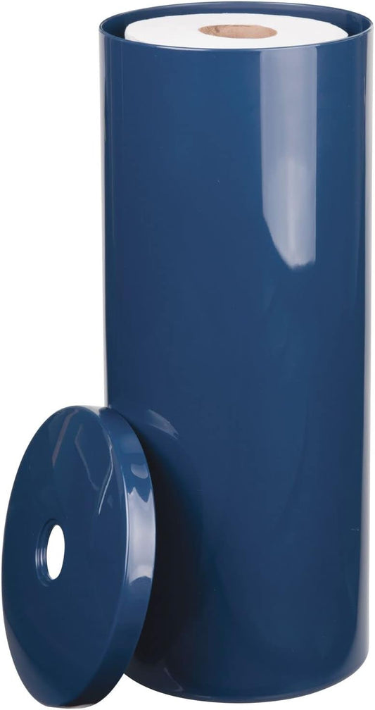 mDesign Modern Plastic Toilet Tissue Paper Roll Holder Canister Stand with Lid - Vertical Bathroom Storage for 3 Rolls of Toilet Tissue - Holds Large Mega Rolls - Navy Blue