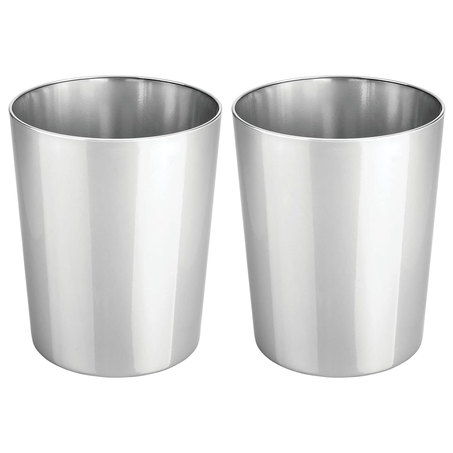 mDesign Round Metal Small 1.7 Gallon Recycle Trash Can Wastebasket. Garbage Container Bin for Bathrooms. Kitchen. Bedroom. Home Office - Durable Stainless Steel - Mirri Collection - 2 Pack - Chrome
