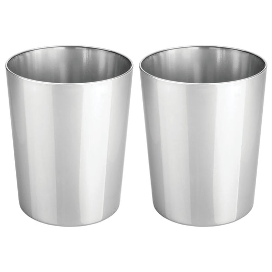mDesign Round Metal Small 1.7 Gallon Recycle Trash Can Wastebasket. Garbage Container Bin for Bathrooms. Kitchen. Bedroom. Home Office - Durable Stainless Steel - Mirri Collection - 2 Pack - Chrome
