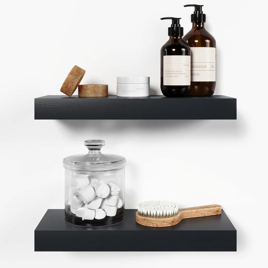 Homeforia 16 inch Black Floating Shelves. High End Solid Real Wood 16inch Bathroom Floating Shelves for Wall Mounted. 16in Wooden Small Floating Shelf. Heavy Duty Bracket. 16 X 6.5 X 1.75 in. Set of 2