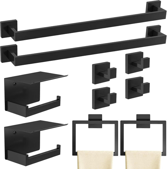 10-Piece Matte Black Bathroom Hardware Accessories Set. 24 inch Towel Bar. Stainless Steel Towel Racks for Bathroom. Bath Towel Bar Set Wall Mounted