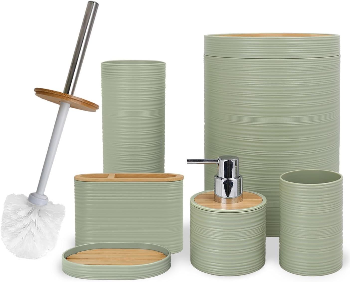 CERBIOR Bathroom Accessories Set 6 Piece Bamboo Bath Ensemble Includes Soap Dispenser. Toothbrush Holder. Toothbrush Cup. Soap Dish for Decorative Countertop and Housewarming Gift. Sriral Green