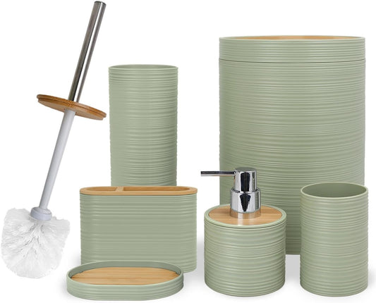CERBIOR Bathroom Accessories Set 6 Piece Bamboo Bath Ensemble Includes Soap Dispenser. Toothbrush Holder. Toothbrush Cup. Soap Dish for Decorative Countertop and Housewarming Gift. Sriral Green