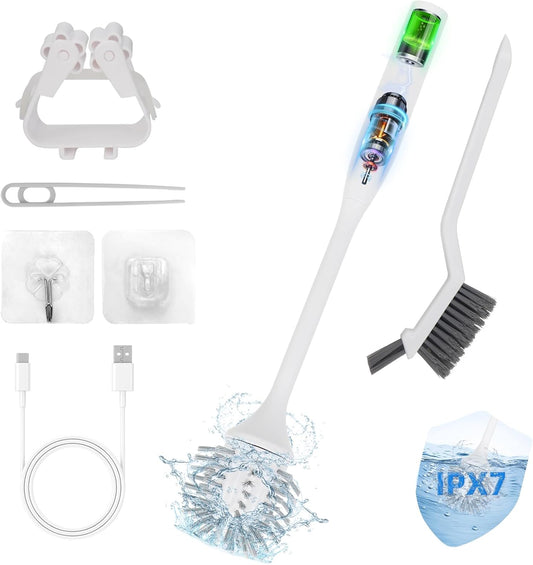 Electric Toilet Brush Scrubber. 320RPM Turbo Power & 30dB Quiet. IPX7 Waterproof Self-Cleaning Brush for Toilet/Bathtub/Grout. Cordless Spin Scrubber with LED Indicator - White
