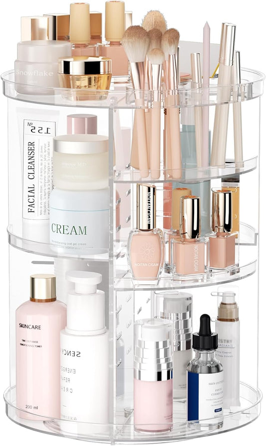 Rotating Makeup Organizer. DIY 8 Adjustable Layers Spinning Skincare Organizer. Cosmetic Display Case with Brush Holder Perfume Tray. Multi-Function Storage Carousel for Vanity Bathroom Countertop