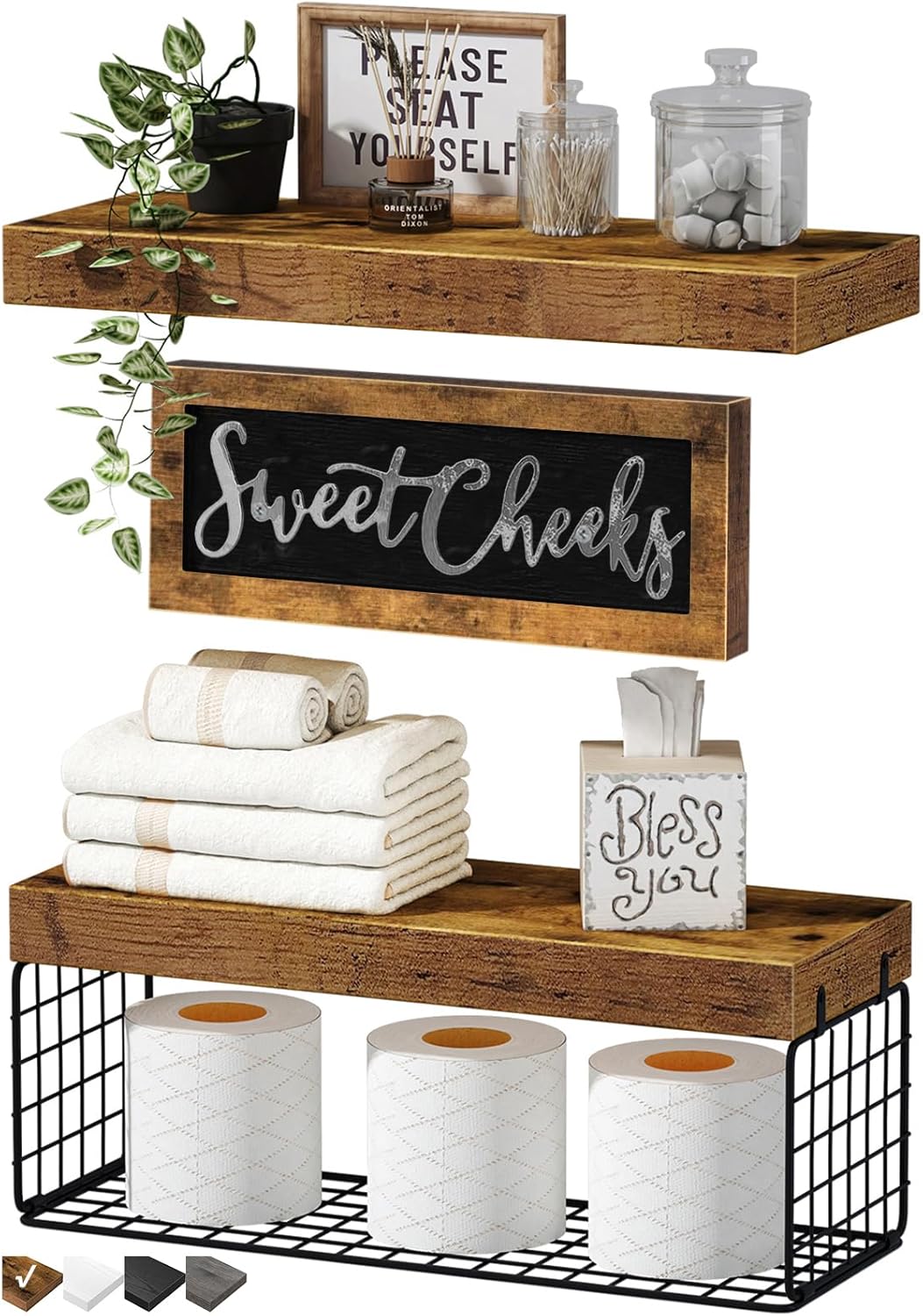 QEEIG ?Bathroom Shelves Over Toilet - Paper Storage Wall Mounted Farmhouse Decor Decorations Aesthetic D¨¦cor Sign Small Floating Wall Shelf 2+1 Set 16 inch Sweet Cheeks. Rustic Brown (020BN-SC)