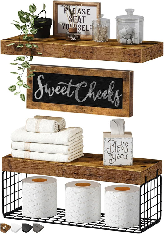 QEEIG ?Bathroom Shelves Over Toilet - Paper Storage Wall Mounted Farmhouse Decor Decorations Aesthetic D¨¦cor Sign Small Floating Wall Shelf 2+1 Set 16 inch Sweet Cheeks. Rustic Brown (020BN-SC)