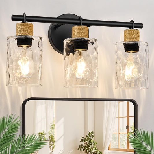 2025 Upgrade Bathroom Light Fixtures. 3-Light Coastal Vanity Lights with Crystal Glass Shade. Black Bathroom Wall Lamp for Mirror Kitchen Hallway Cabinet