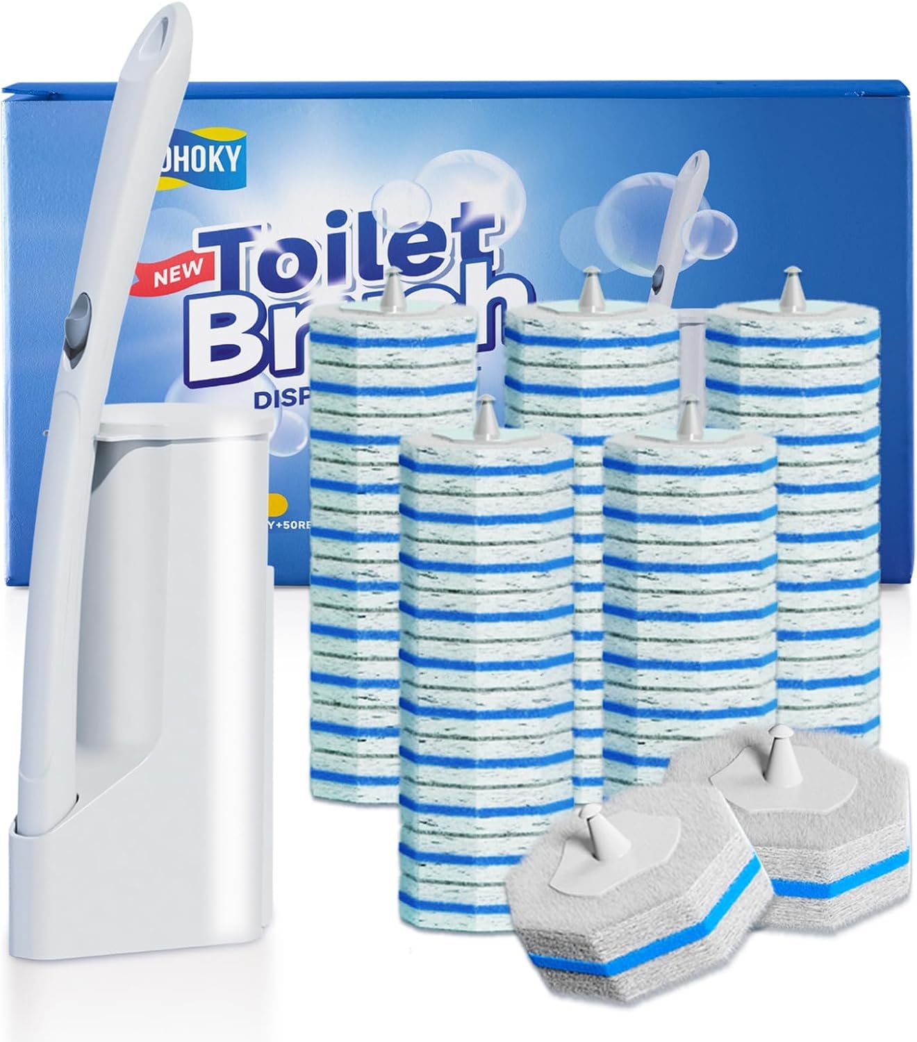 Disposable Toilet Brush Cleaning System with 50pcs Refills Pads Replacement Heads. Toilet Cleaning Stick. Wall Mounted Toliet Wand Kit Bathroom Maintenance. Toilet Bowl Cleaner Wands Holder and Set