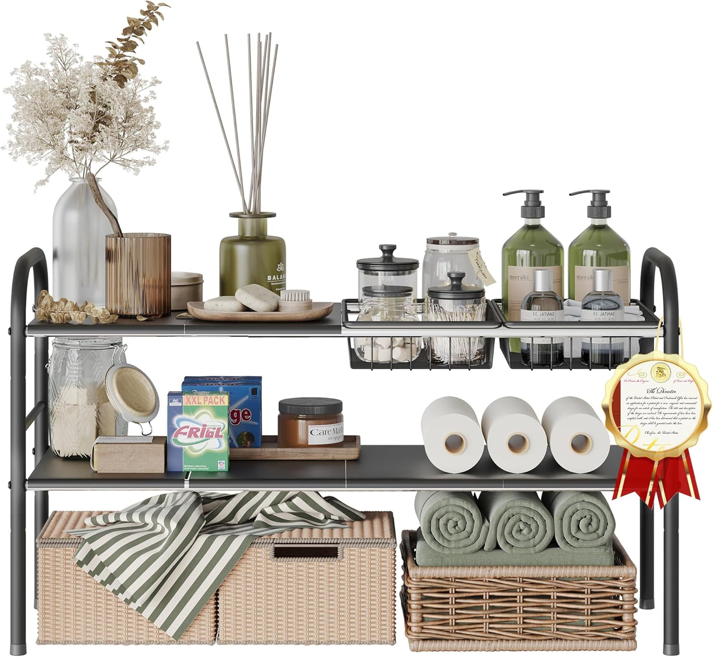 NETEL Under Sink Organizers and Storage. 2 Tier Expandable Under Cabinet Organizer Shelf with 2 Baskets and 6 Panels. Expandable Shelf for Cupboard. Kitchen. Bathroom. Shoe Storage Rack