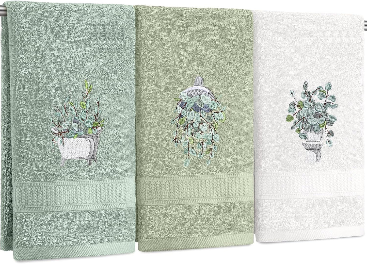 3 Pcs Eucalyptus Hand Towels Farmhouse Embroidered Botanical Bathroom Decor 13.3x29.5 Inch Farmhouse 100% Cotton Decorative Green Leaves Hand Towels for Bathroom Kitchen