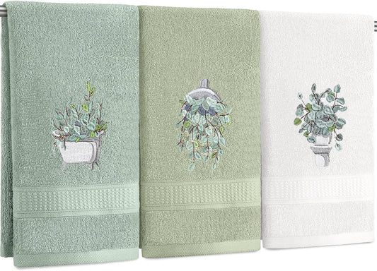 3 Pcs Eucalyptus Hand Towels Farmhouse Embroidered Botanical Bathroom Decor 13.3x29.5 Inch Farmhouse 100% Cotton Decorative Green Leaves Hand Towels for Bathroom Kitchen